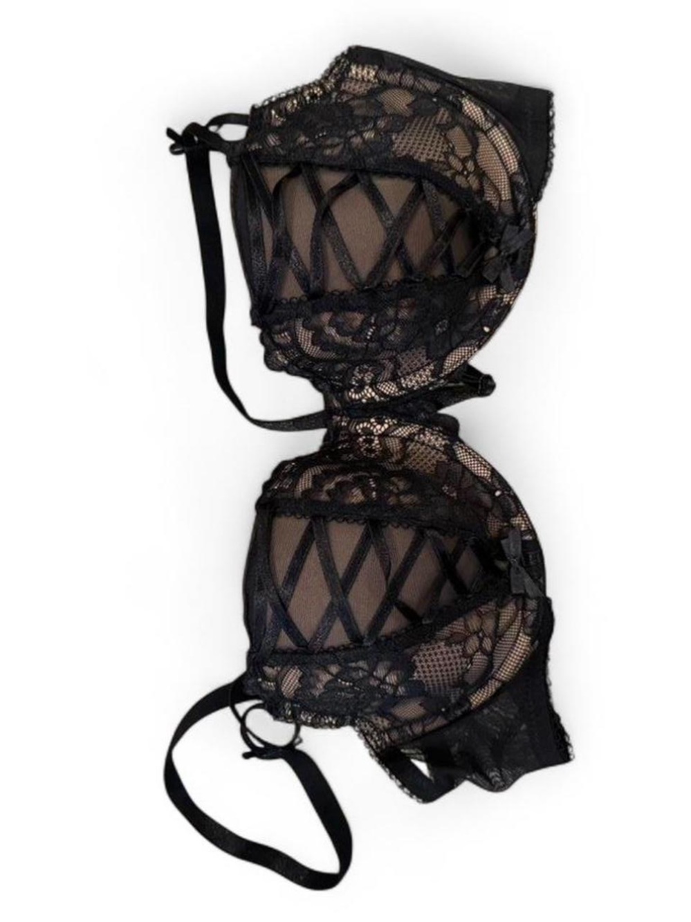Adore Me Black Lace Underwire Bra with Crisscross corset ribbon Detailing